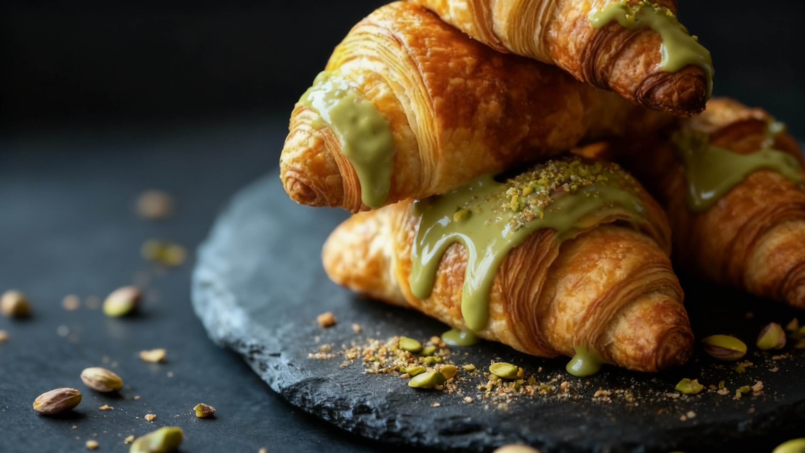 Croissants with green filling on a dark surface