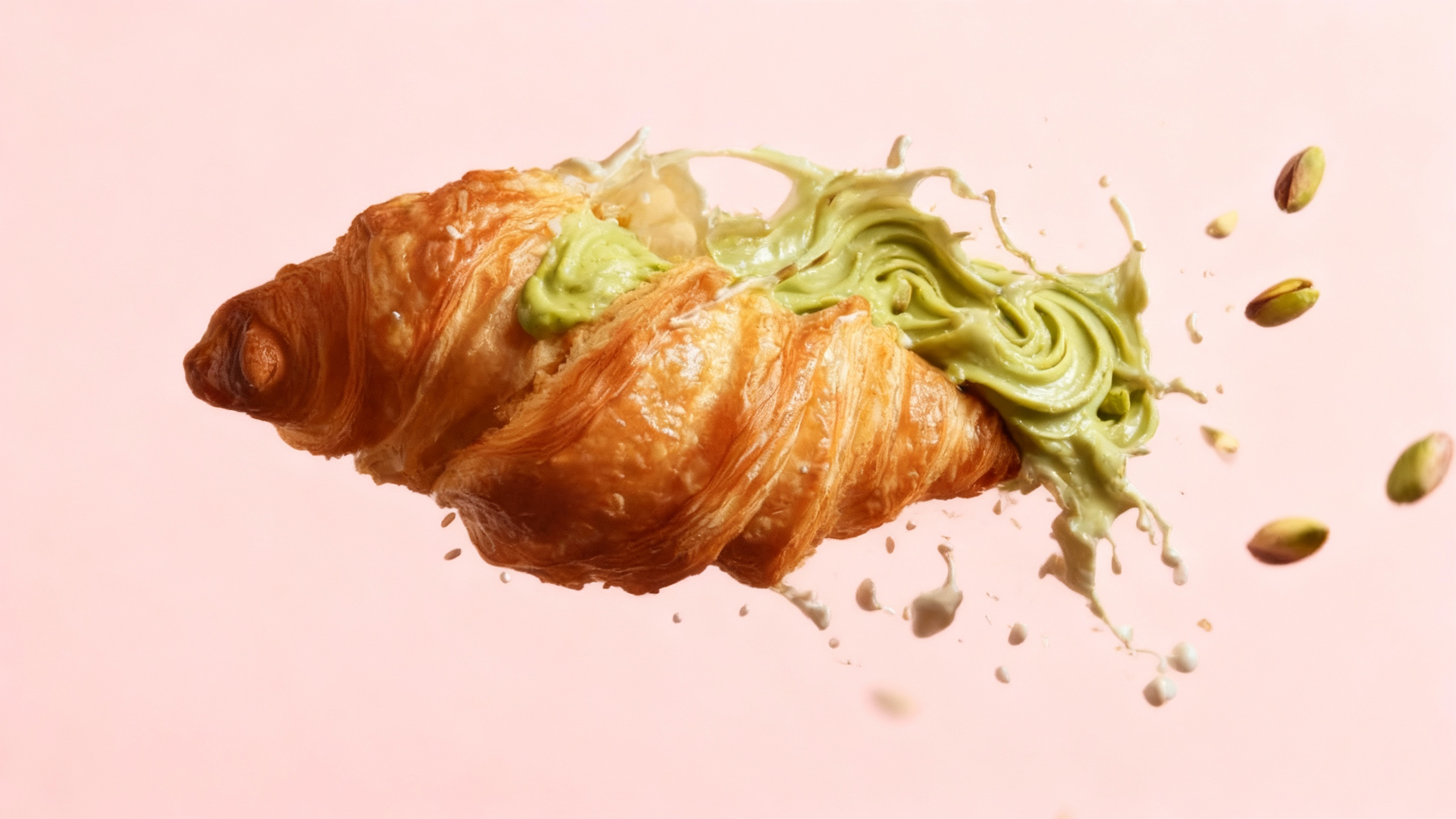 Croissant with green filling and pistachios on a pink background