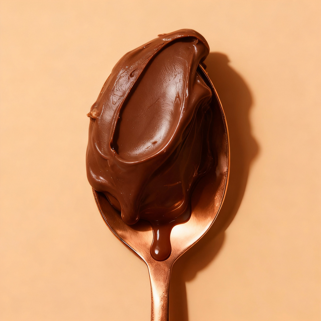 Spoon with a scoop of chocolate on a beige background