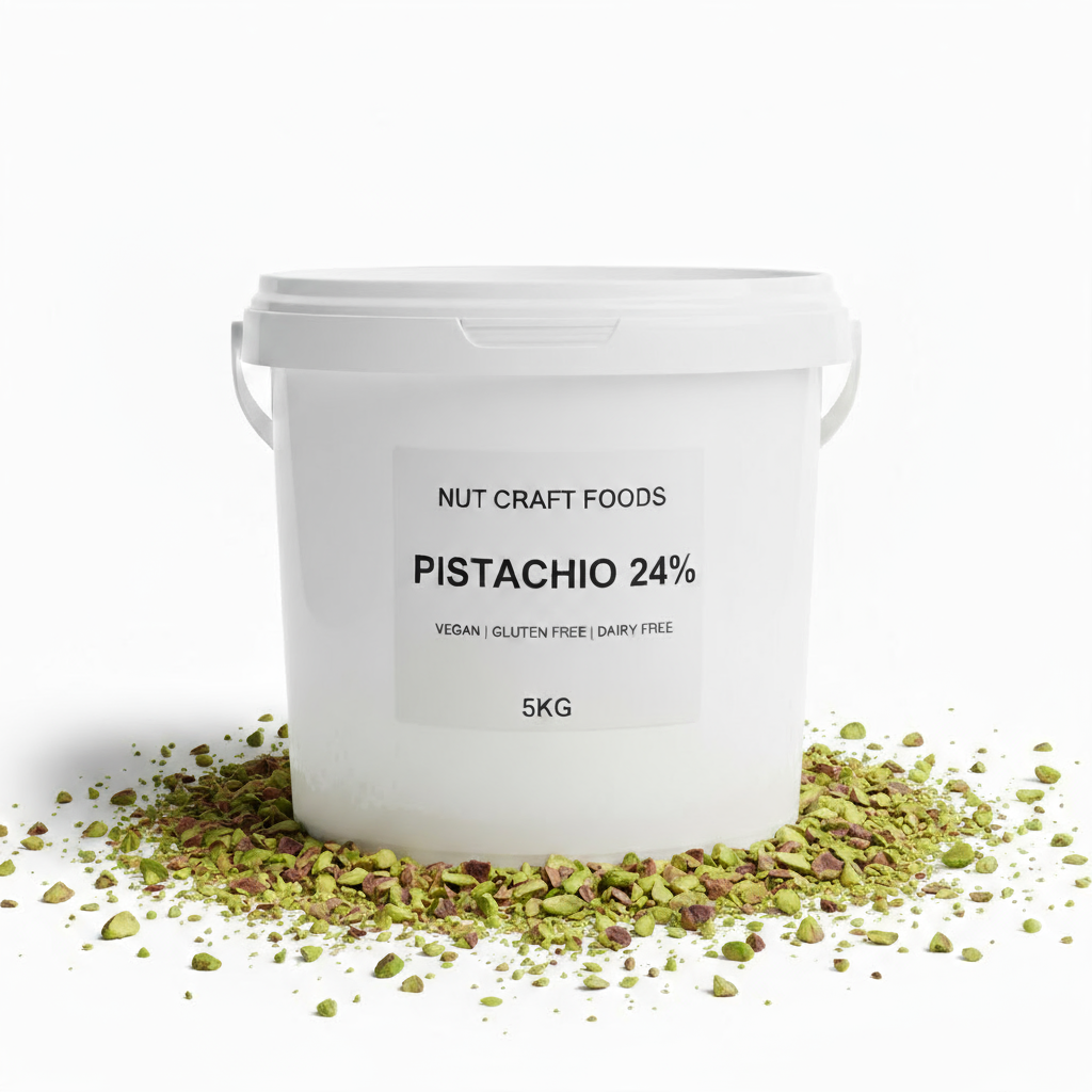 White container of Nut Craft Foods Pistachio 24% with pistachios around on a white background