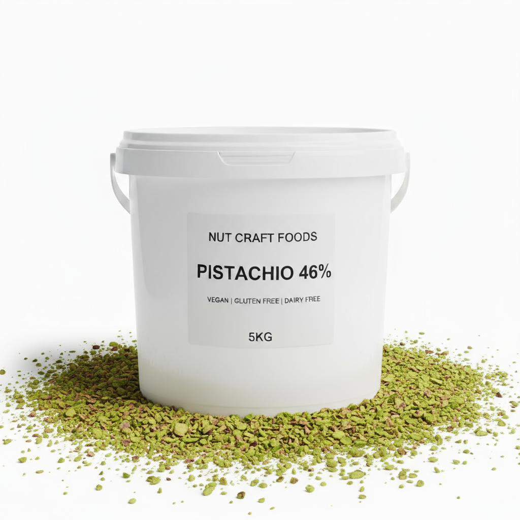 White bucket labeled 'NUT CRAFT FOODS' with pistachio powder on a white background